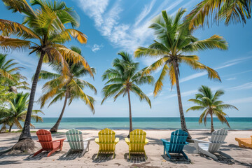 A row of colorful beach chairs are set up on the sand, facing the ocean - Powered by Adobe