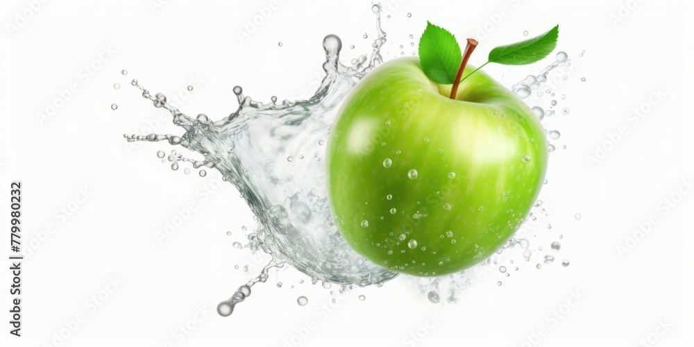 Poster a green apple is floating in a splash of water. the apple is surrounded by water droplets, creating 