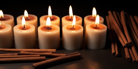 A row of candles with a bunch of cinnamon sticks in the background. Scene is warm and cozy, with the candles providing a soft, flickering light