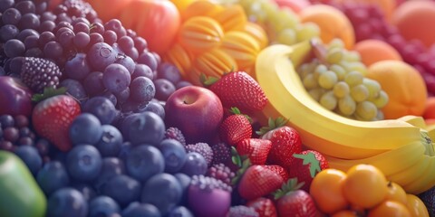 A colorful assortment of fruits including apples, bananas, strawberries, and grapes. Concept of...