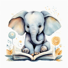 Adorable baby elephant reading a book 