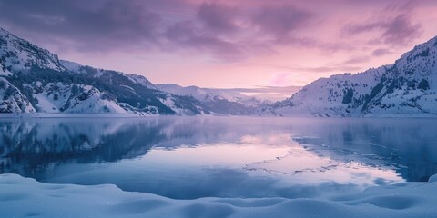 A beautiful lake with a pink sky in the background. The sky is a mix of pink and purple, creating a serene and peaceful atmosphere. The lake is surrounded by snow-covered mountains - obrazy, fototapety, plakaty