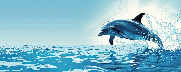 Obraz premium A playful dolphin leaps energetically among the waves in a vibrant, brushstroke style painting, evoking a sense of freedom and joy