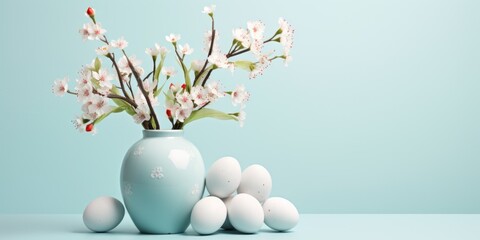 A vase with white flowers and white eggs on a blue background. The flowers and eggs create a sense...