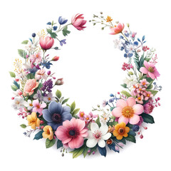 Elegant flower wreath isolated on white background. Design element for adding a lovely, elegant touch to poster, greeting card, invitation, cover. 