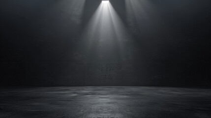 A stark black background with a bright spotlight illuminating an empty stage.