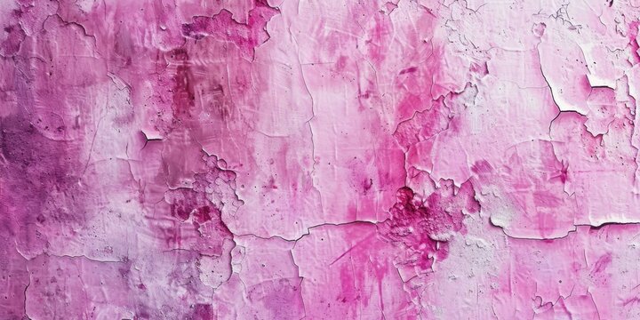 A pink wall with a pink background. The wall is covered in cracks and peeling paint