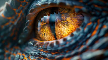 Dragon eye close-up. Fantastic animal with dark scales
