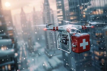Drone Quadcopter Carrying a First Aid Kit Soaring Over an Urban Cityscape, Showcasing the Future of Medical Technology
