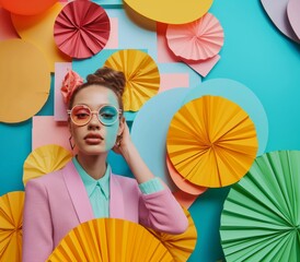 Chic Woman in Pastel Outfit with Vibrant Paper Backdrop