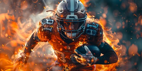 American football player in helmet holding a ball on dark fire background, runs through the flames. Sport banner with sportsman on stadium in action, in a super bowl game.