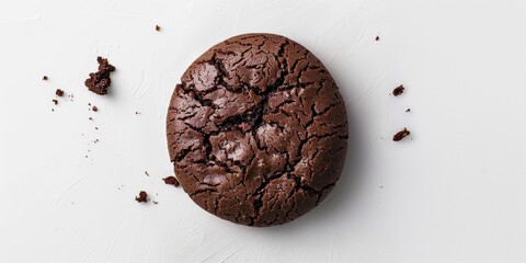 A chocolate cookie with a bite taken out of it. The cookie is broken and crumbly, with chocolate chips scattered around it. Concept of indulgence and enjoyment