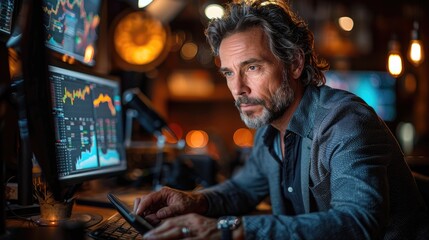 Fototapeta premium Mature man with glasses intensely analyzing financial risks, thinking over bank strategy working in office feeling doubt or concern. Focused Analyst Reviewing Data on Multiple Screens. Generative AI