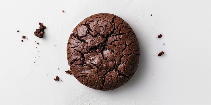 A chocolate cookie with a bite taken out of it. The cookie is broken and crumbly, with chocolate chips scattered around it. Concept of indulgence and enjoyment