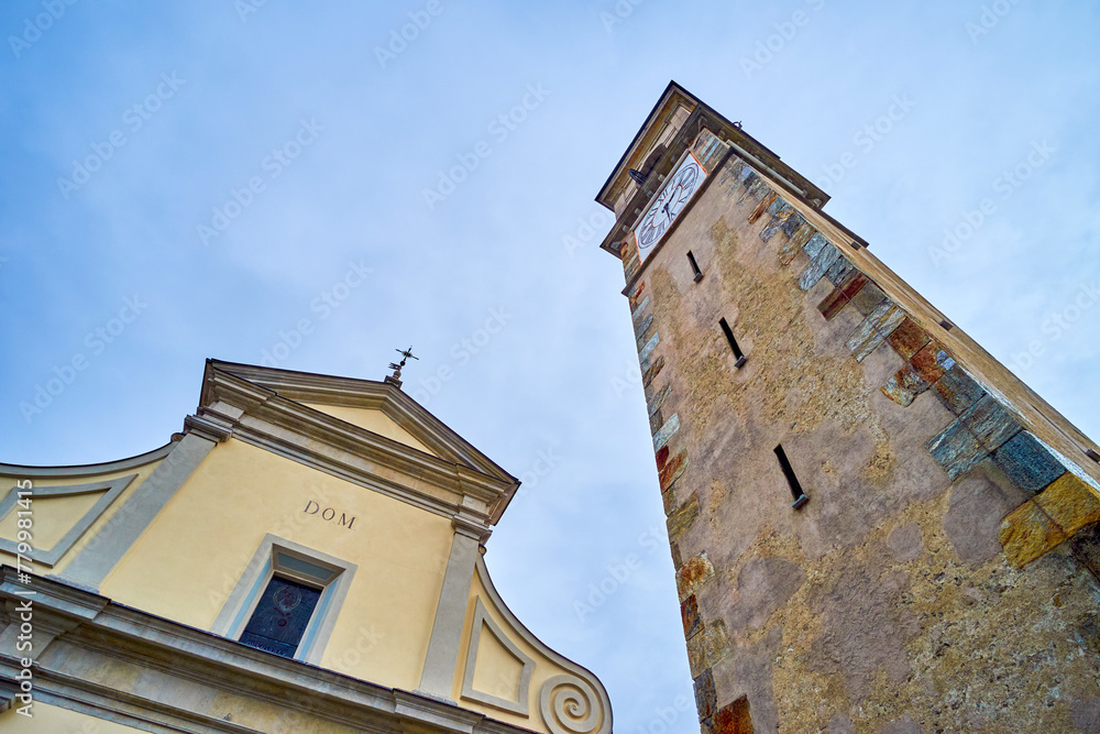 Poster Facade of Sant'Abbondio Chuch with high bell tower, Collina d'Oro, Switzerland