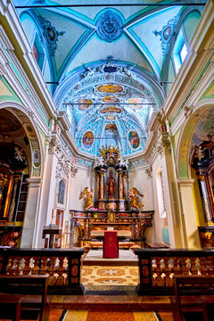The Altar of Sant'Abbondio Chuch with statue to St Abundius, Collina d'Oro, Switzerland