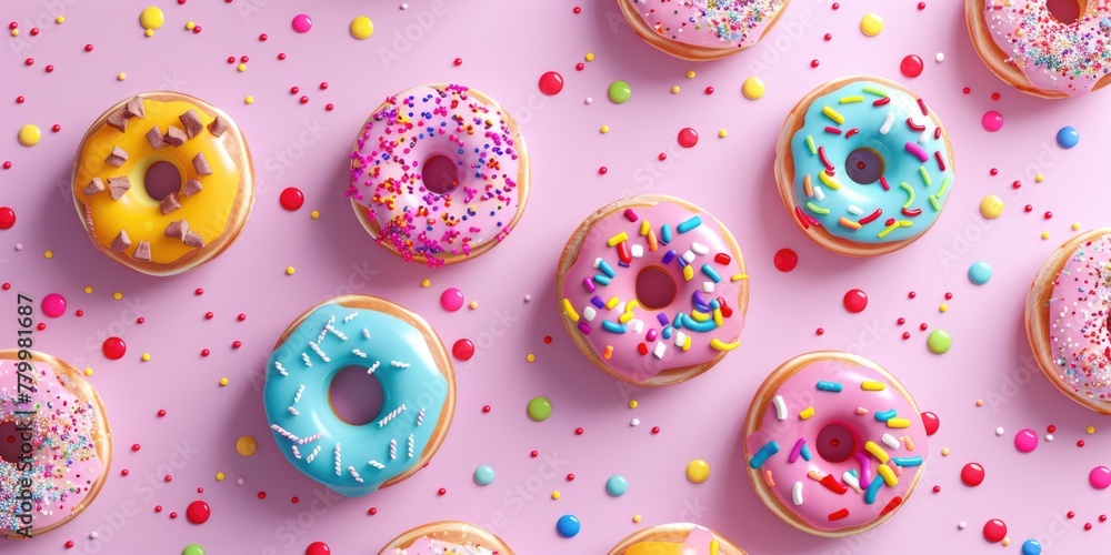 Aufkleber a row of colorful donuts with sprinkles on top. the donuts are arranged in a pattern, with some of t