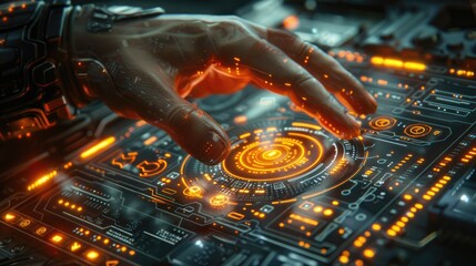 Close-up of a hand touching a futuristic digital control panel with glowing circuits and data visualization.