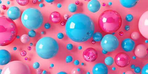Banner Abstract background, with 3D blue, turquoise and pink spheres, balls on pink background.