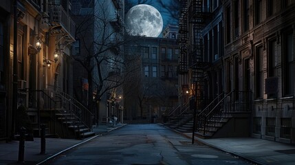 A street scene with the moon rising above the buildings, casting a soft light on the pavement and...