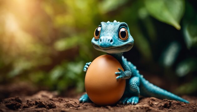 A bright blue gecko guards a solitary golden egg against a lush backdrop, a striking image of contrast and natural wonder.