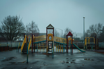 A playground is empty and wet