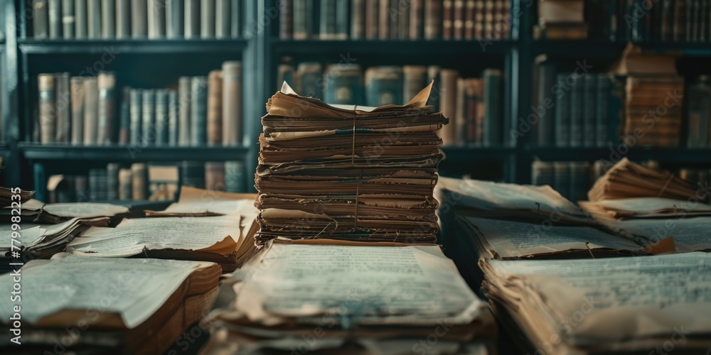 Poster a stack of books with a book on top of them. the books are old and the stack is very high