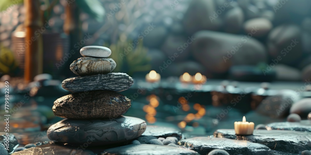 Poster a stack of rocks is placed on top of each other in front of a body of water. the scene is serene and