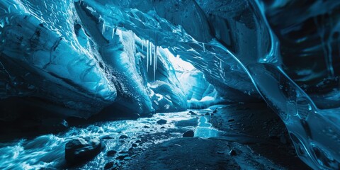A blue cave with a river running through it. The cave is very cold and the water is frozen