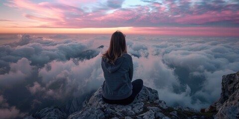 Obraz premium A woman sits on a mountain top, looking out at the clouds. The sky is a beautiful mix of pink and purple hues, creating a serene and peaceful atmosphere. The woman is lost in thought