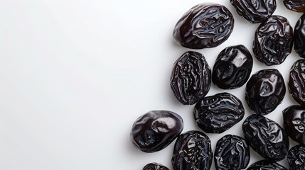 A close-up image of plump black dates arranged neatly on a clean white surface, with ample space...