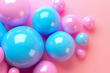Banner Abstract background, with 3D blue, turquoise and pink spheres, balls on pink background.