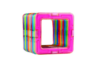 A group of colorful transparent magnet squares (puzzle constructor game for kids) connected into a tunnel on a white background
