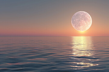 A large moon is floating above a calm ocean