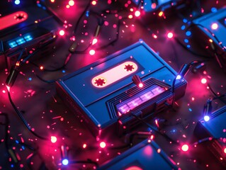A collection of old-fashioned cassette tapes are surrounded by a sea of colorful lights. Concept of nostalgia and warmth, as if the tapes are being celebrated and remembered - obrazy, fototapety, plakaty
