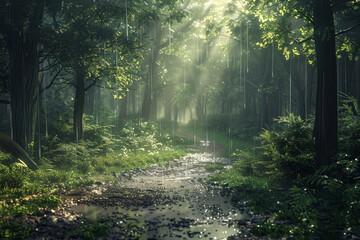 Fototapeta premium A forest path is wet from rain
