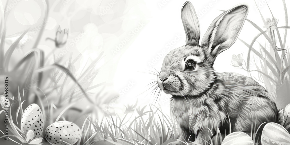 Poster a black and white drawing of a rabbit sitting in a field of grass. the rabbit is looking at the came