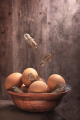 Heap of fresh raw chicken eggs in ceramic bowl with falling or flying hen feathers against dark brown wooden background in henhouse used as ingredient in culinary full of protein for morning breakfast
