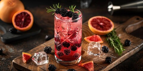 A glass of blackberry juice is on a wooden cutting board with a bunch of blackberries and oranges - Powered by Adobe