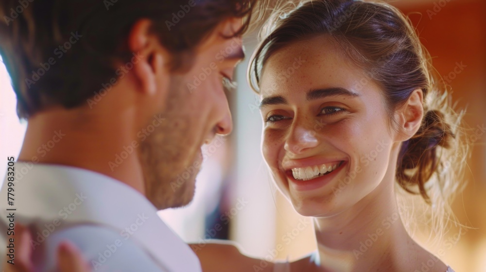 Poster A man and a woman are smiling at each other. The man is wearing a white shirt and the woman is wearing a white dress. They are both happy and enjoying each other's company