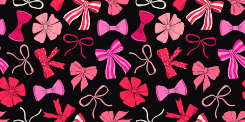 Various pink and red Bow knots, tie ups, gift bows. Hand drawn trendy Vector illustration. Wedding celebration, holiday, party decoration, gift, present concept. seamless Pattern on black background