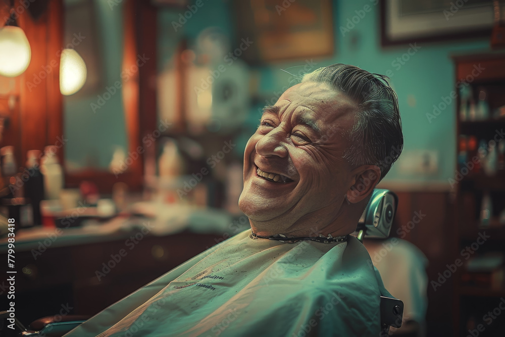 Wall mural A man is sitting in a barber chair with a smile on his face