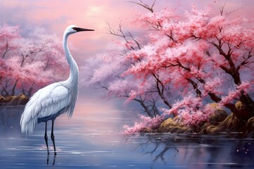 Fototapeta premium Picturesque Spring scenery crane. Flock sunset. Generate Ai
