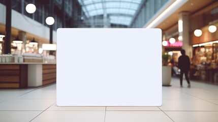 A white sign is displayed in a mall. The sign is empty and has no writing on it. The mall is busy with people walking around and shopping