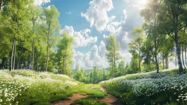 Natural green landscape with meadow path blooming flowers in spring and butterflies. seamless and looping 4k