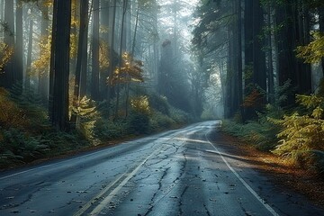 A Serene Journey Begins Winding Road Through a Dense Forest, Bathed in the Ethereal Glow of Morning Sunlight
