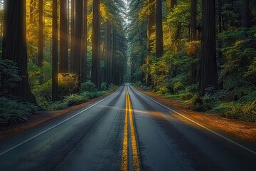 Obraz premium A Serene Journey Begins Winding Road Through a Dense Forest, Bathed in the Ethereal Glow of Morning Sunlight