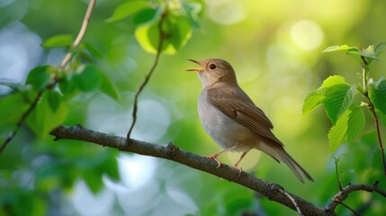 A bird is perched on a branch, singing. Concept of peace and tranquility, as the bird's song fills the air. The lush green leaves of the tree provide a serene backdrop