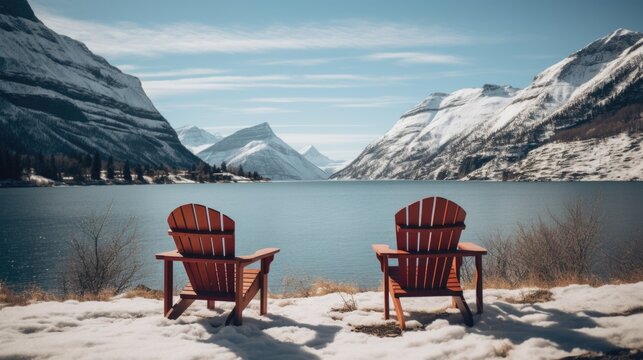 Two wooden chairs are sitting on a snowy beach next to a lake. The chairs are facing the water, and the mountains in the background create a serene and peaceful atmosphere