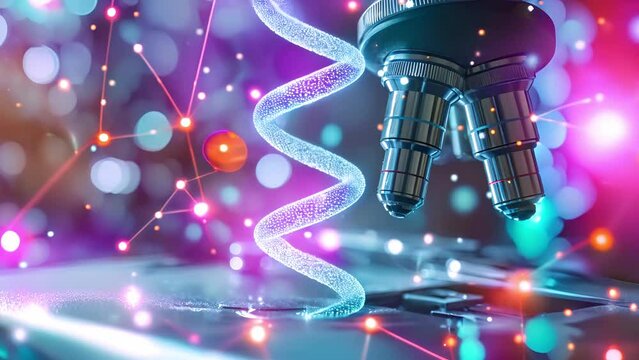 Genetic engineering concept. Microscope and holographic dna spiral in abstract laboratory
